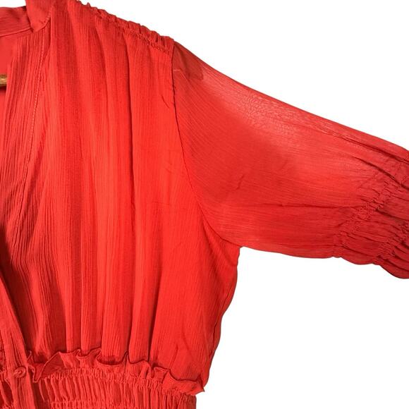 Zara Cherry Red Chiffon Blouson Midi Dress SIZE SMALL Button Front Deep V Retro - Picture 3 of 10